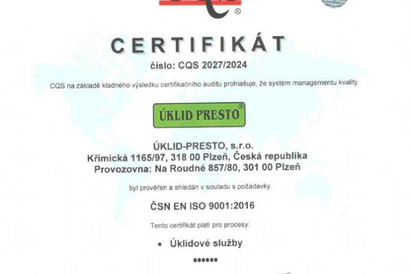  JSME DRŽITELI CERTIFIKÁTU ISO 9001 - MANAGEMENTU KVALITY!